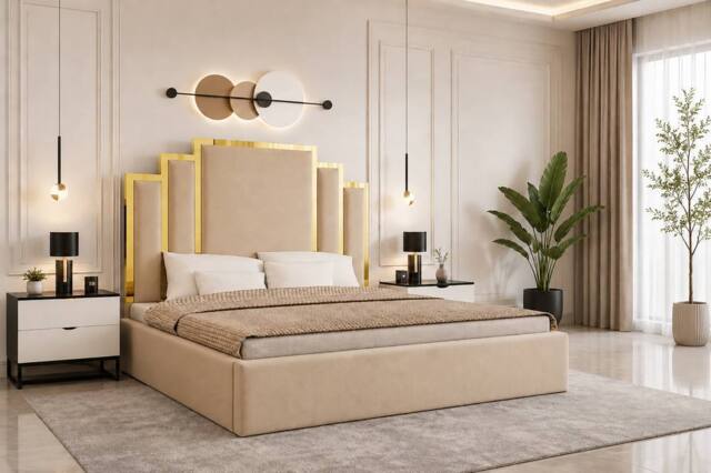 SOFT SNOOZE BEDS Luxury Gold Trim Upholstered Bed Designer Tufted Headboard & Ottoman in Beige - Size: King - image 1