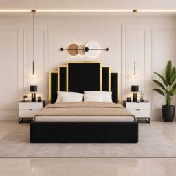 SOFT SNOOZE BEDS Luxury Gold Trim Upholstered Bed Designer Tufted Headboard & Ottoman in Beige - Size: King - thumbnail 2