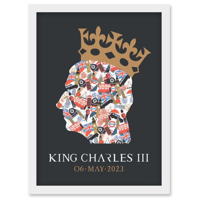 Artery8 King Charles III Coronation Date British Symbol Head Collage with Crown Grey Design Artwork Framed Wall Art Print A4 in White - image 1