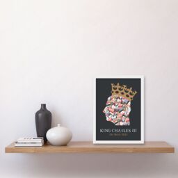 Artery8 King Charles III Coronation Date British Symbol Head Collage with Crown Grey Design Artwork Framed Wall Art Print A4 in White - thumbnail 2