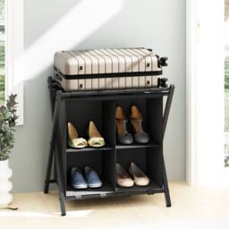 Huhote Metal Luggage Rack with Storage Shelf Suitcase stand Home 2 Set in Black - thumbnail 3