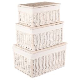 Red Hamper Wicker Set of 3 White Wash Steamed Cotton Lined Storage Basket