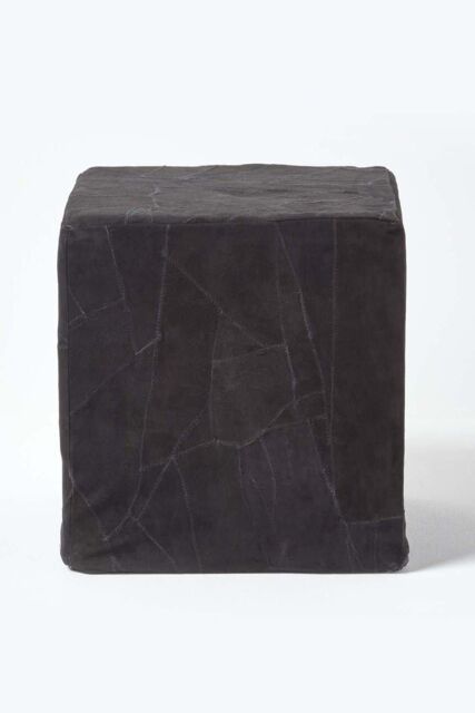 Homescapes Leather & Suede Patchwork Cube Pouffe in Black - image 1
