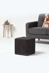 Homescapes Leather & Suede Patchwork Cube Pouffe in Black - thumbnail 2