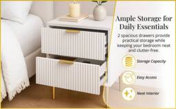 Hygrad Built to Survive White Wooden 2 Drawer Chic Fluted Bedside End Sofa Table Nightstand For Living Bedroom Home With 4 Golden Legs - thumbnail 5