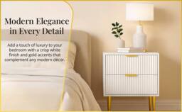 Hygrad Built to Survive White Wooden 2 Drawer Chic Fluted Bedside End Sofa Table Nightstand For Living Bedroom Home With 4 Golden Legs - thumbnail 3