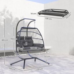 OUTSUNNY Rattan Double Hanging Egg Chair with Stand, Cushion, Dark Grey - thumbnail 3