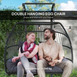 OUTSUNNY Rattan Double Hanging Egg Chair with Stand, Cushion, Dark Grey - thumbnail 4
