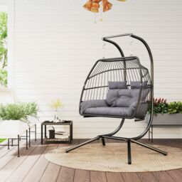 OUTSUNNY Rattan Double Hanging Egg Chair with Stand, Cushion, Dark Grey - thumbnail 1