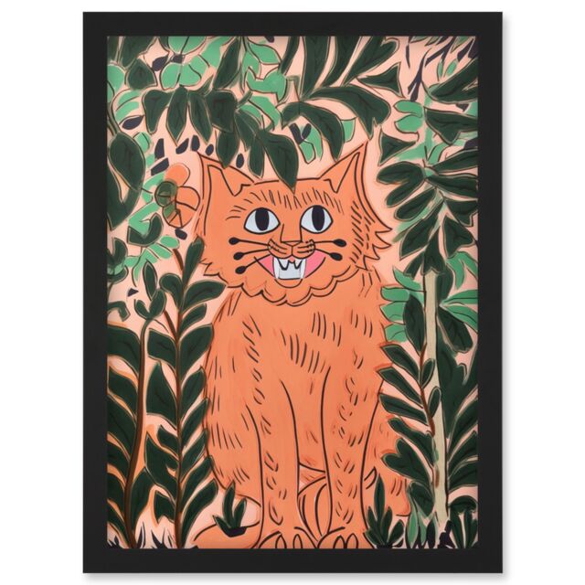 Artery8 Ginger Orange Tabby Cat in Plants Modern Folk Art Artwork Framed Wall Art Print A4 in Black - image 1