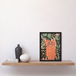 Artery8 Ginger Orange Tabby Cat in Plants Modern Folk Art Artwork Framed Wall Art Print A4 in Black - thumbnail 2