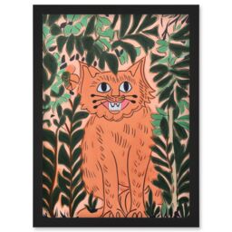 Artery8 Ginger Orange Tabby Cat in Plants Modern Folk Art Artwork Framed Wall Art Print A4 in Black - thumbnail 1