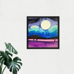 "Artery8 Wall Art Print Modern Watercolour Night Harvest Moon Landscape Square Framed Picture 16X16 Inch in Black - Size: W16"" x H16""" - thumbnail 2