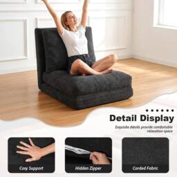 EONLION black Bean Bag Bed Folding Sofa 4-in-1 Floor Couch - Size: 100 cm - thumbnail 2