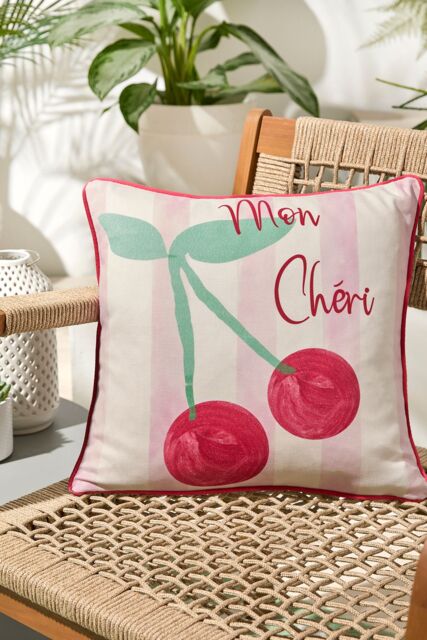 Fusion 'Cherry' UV & Water Resistant Cherry Motif Outdoor Cushion in Pink - Size: 43 cm x 43 cm - image 1
