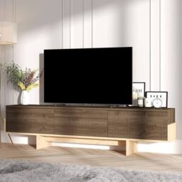 CALICOSY TV Cabinet With 3 Grooved Drop-Down Doors, 180 Cm Wide - HELYO in Light Oak - thumbnail 5