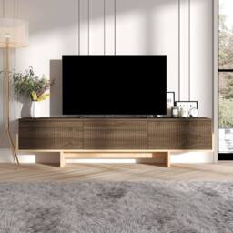 CALICOSY TV Cabinet With 3 Grooved Drop-Down Doors, 180 Cm Wide - HELYO in Light Oak - thumbnail 2