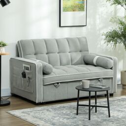 HOMCOM 2 Seater Pull Out Sofa Bed with Adjustable Backrest in Light Grey - thumbnail 1