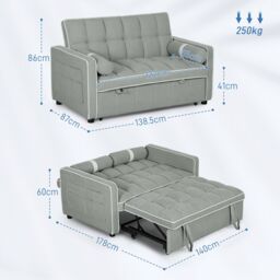 HOMCOM 2 Seater Pull Out Sofa Bed with Adjustable Backrest in Light Grey - thumbnail 3