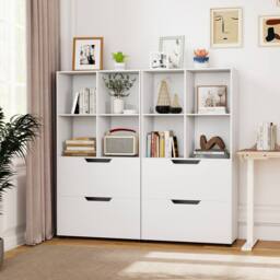 Costway Wooden Bookshelf w/2 Drawers Modern 130CM Tall Storage Organizer in White - thumbnail 4