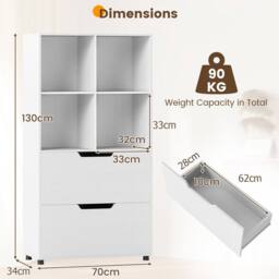 Costway Wooden Bookshelf w/2 Drawers Modern 130CM Tall Storage Organizer in White - thumbnail 2