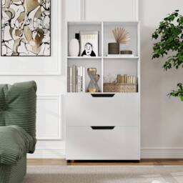 Costway Wooden Bookshelf w/2 Drawers Modern 130CM Tall Storage Organizer in White - thumbnail 5