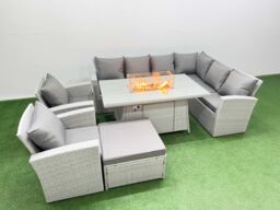 Fimous Outdoor Furniture Garden Dining Set Gas Fire Pit Table with Footstools in Light Grey