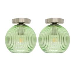 First Choice Lighting Set of 2 Betchley - Green Glass Globe Satin Nickel Ceiling Lights