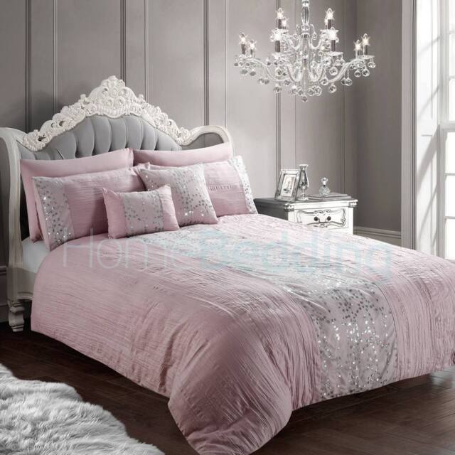 Intimates Elegant Duvet Cover & Pillowcase Set, Pleated Sequin Bedding in Pink - Size: Single