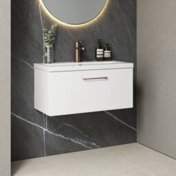 Balterley 800mm Wall Hung 1 Drawer Vanity Basin Unit, Gloss White, Bronze Handle in White - thumbnail 4