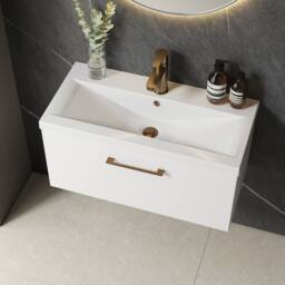 Balterley 800mm Wall Hung 1 Drawer Vanity Basin Unit, Gloss White, Bronze Handle in White - thumbnail 3
