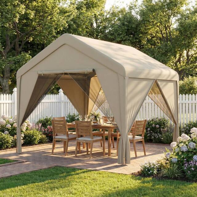 OUTSUNNY 3 x 3 m Outdoor Patio Gazebo with Netting & Curtains, Khaki - image 1