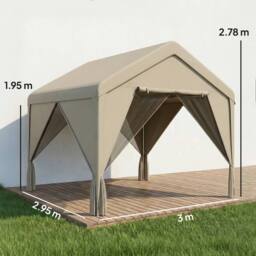 OUTSUNNY 3 x 3 m Outdoor Patio Gazebo with Netting & Curtains, Khaki - thumbnail 3