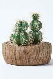 Homescapes Echinocactus Artificial Cactus in Round Wooden Planter, 15 cm Tall in Green - thumbnail 6