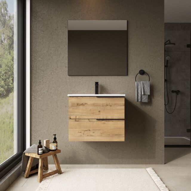 Banyetti Celtic 600mm Wall Hung Bathroom Vanity Unit with Athena Basin - Ostippo Oak in Light Oak - image 1
