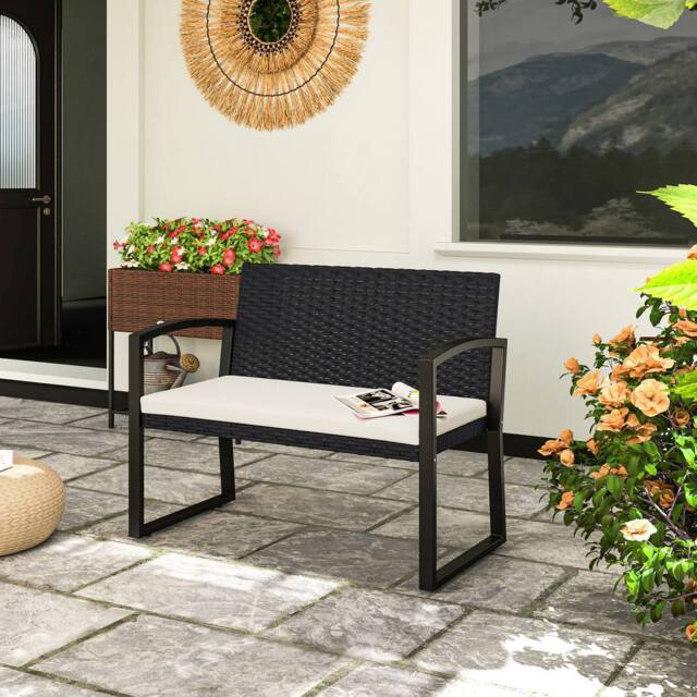 OUTSUNNY 2 Seater Rattan Garden Bench with Cushion, Steel Frame, Beige - image 1