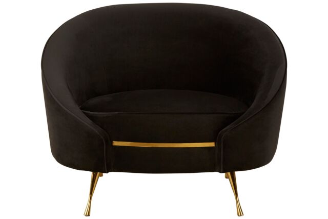 Orsina Black Velvet Armchair With Gold Finish Stainless Steel Legs, Luxe Curved Barrel Design Accent Chair - image 1