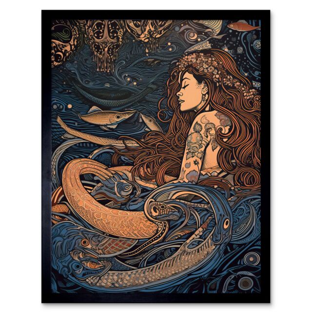 "Artery8 Wall Art Print Little Mermaid & Aquatic Animals Art Framed in Black - Size: W12"" x H16""" - image 1