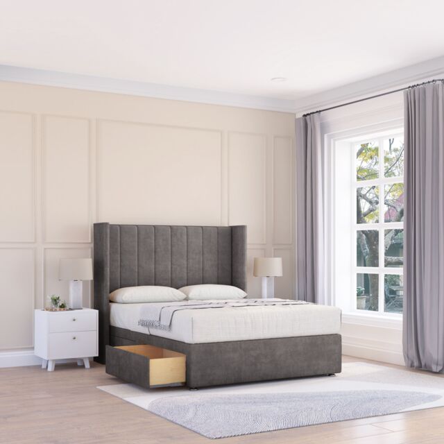 "Sloomy Falcon Naples Wingback Bed Set, No Drawers & 54"" Floor Standing Headboard in Dark Grey - Size: Super King" - image 1