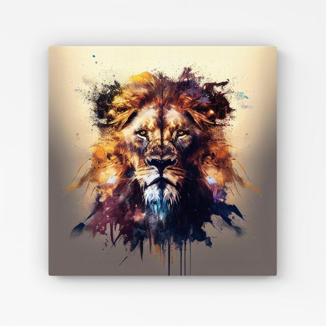 Warren Reed - Designer Majestic Lion Face Splashart Canvas in Brown - Size: w10 inch x h10 inch - image 1