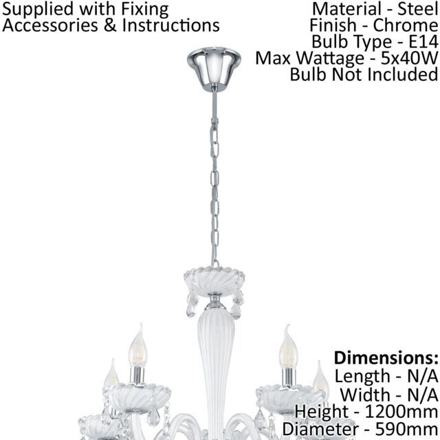 Loops Chandelier Pendant Light Colour Chrome Shade White Glass Droplets Bulb E14 5x40W
