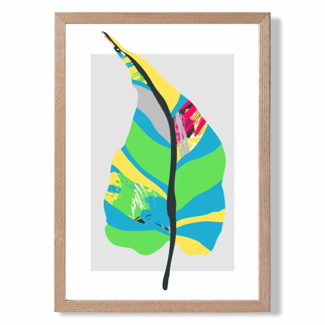 ARTZE Tropical Plant Blue & Green Abstract Minimalist Framed Print SIZE: A3 with Oak Frame in Mid Blue - Size: A4 - image 1