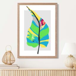 ARTZE Tropical Plant Blue & Green Abstract Minimalist Framed Print SIZE: A3 with Oak Frame in Mid Blue - Size: A4 - thumbnail 2