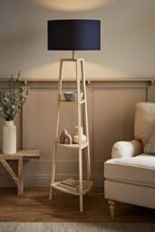 ValueLights Hiru Cream 3 Tier Wooden Shelf Floor Lamp with Drum Shade & Bulb in Navy - thumbnail 2