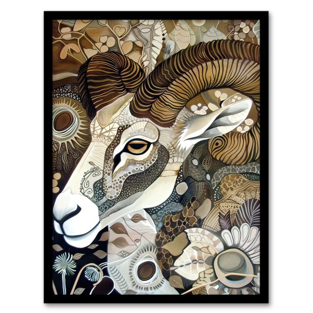 "Artery8 Bighorn Sheep Abstract Floral Patter Folk Art Framed Art Print in Brown - Size: W12"" x H16""" - image 1