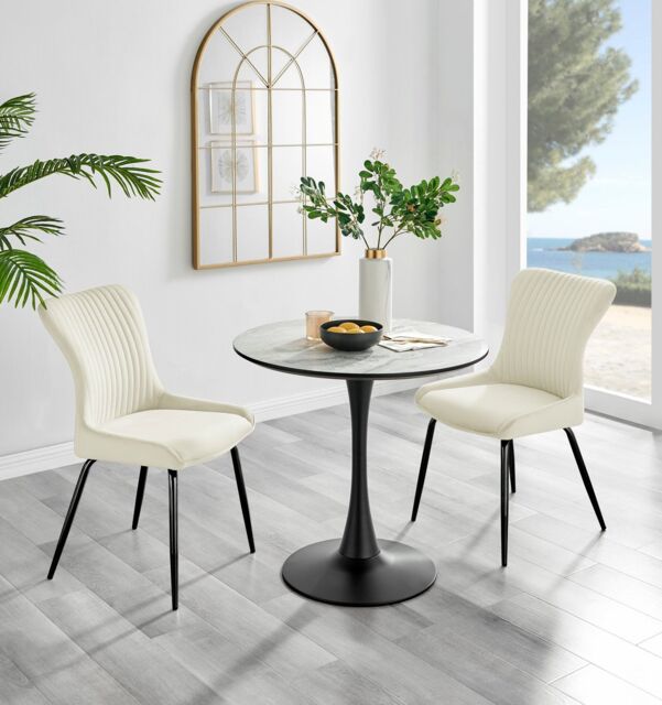 FurnitureboxUK Elina White Marble Effect Scratch Resistant Dining Table & 2 Nora Black Leg Velvet Chairs in Cream - image 1