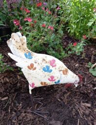 Inspirational Gifting Cream Hen Metal Sculpture Garden Ornament with flower detail - thumbnail 3
