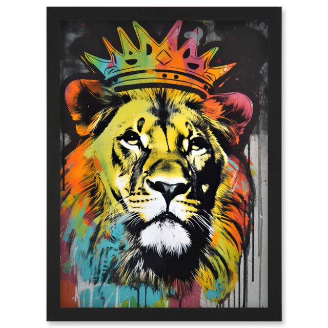 Artery8 King Lion wearing Crown Modern Stencil Graffiti Artwork Framed Wall Art Print A4 in Black - image 1