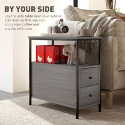 HOMCOM Narrow End Table, Sofa Side Table with 2 Drawers Storage Shelf, Grey - thumbnail 4