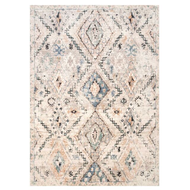Kukoon Beige Navy Blue Distressed Aztec Motif Area Rug - Size: 60 cm x 240 cm - image 1